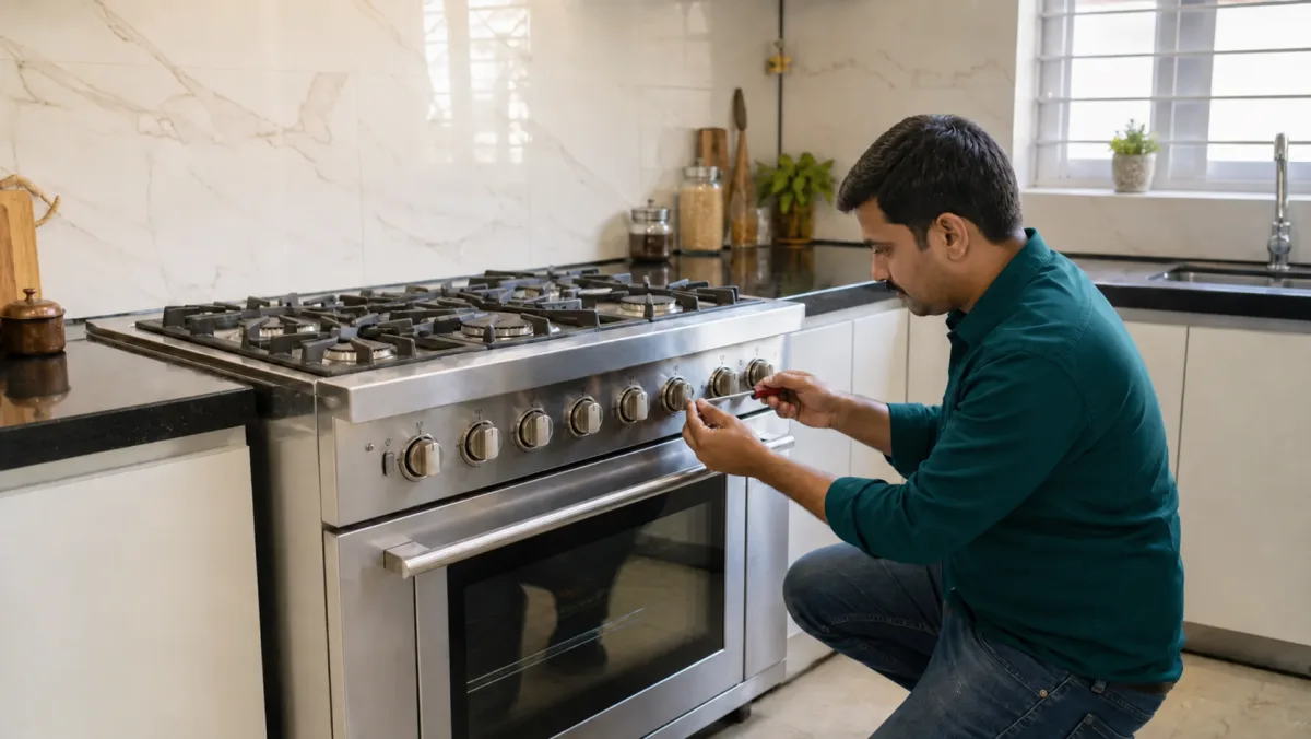 Technician assessing a cooking range before repair