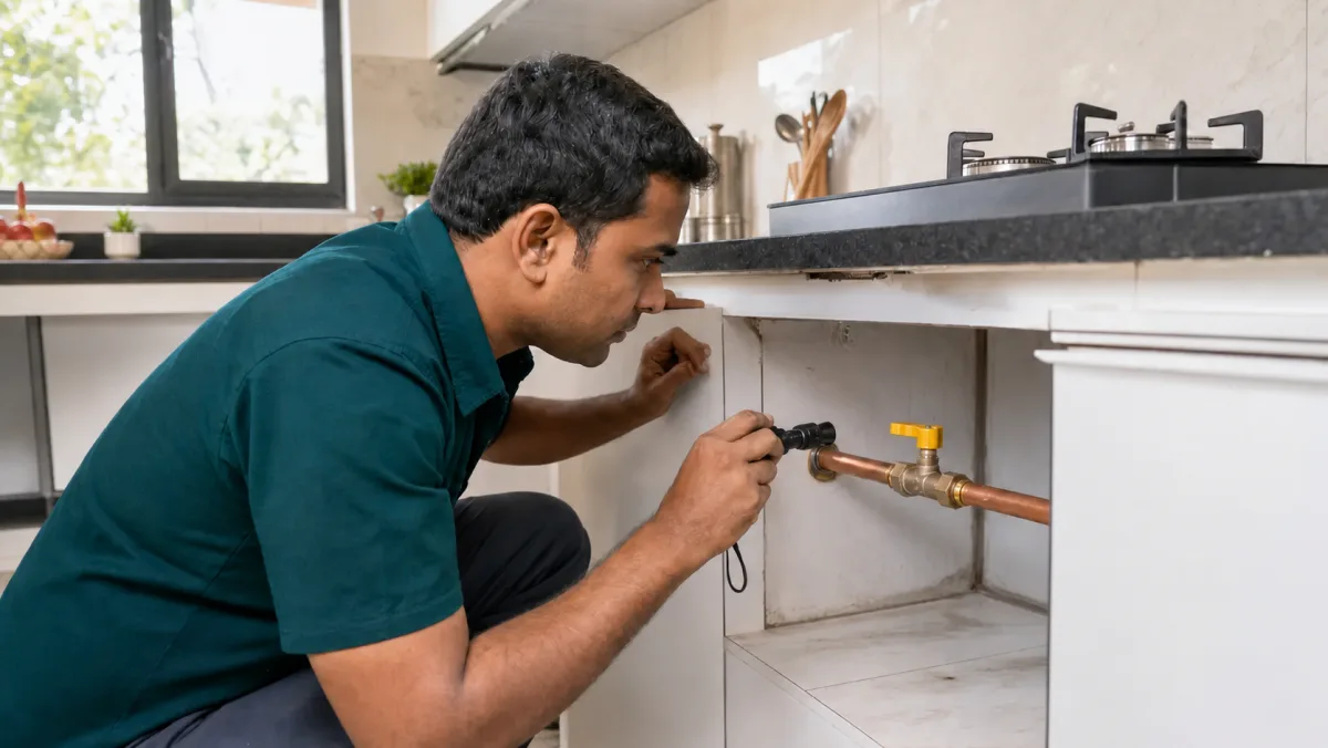 Technician checking a copper gas pipeline connection