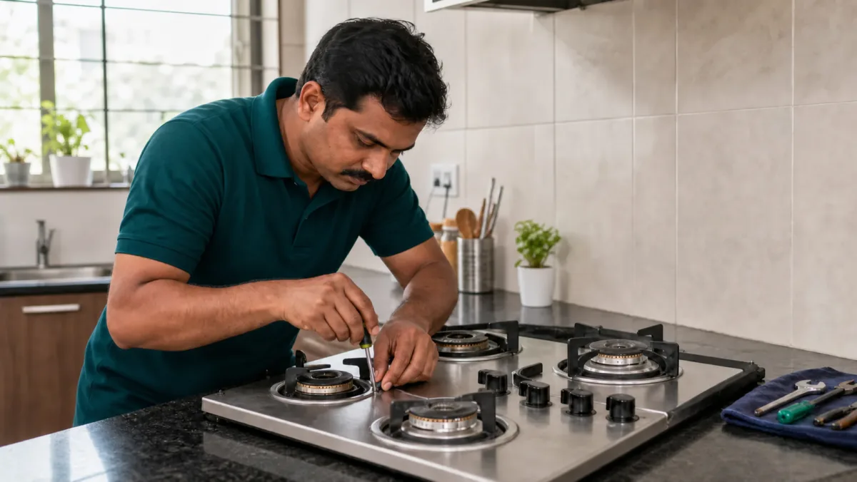 Technician servicing a gas cooktop