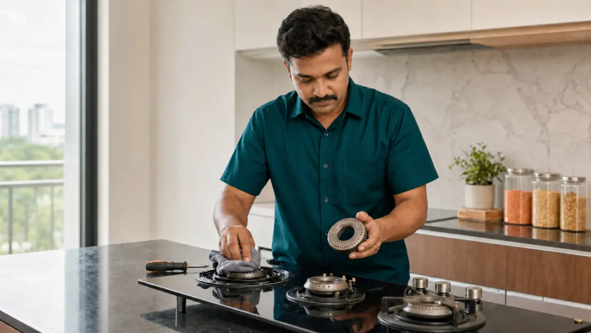 Technician carrying out a doorstep gas stove service visit